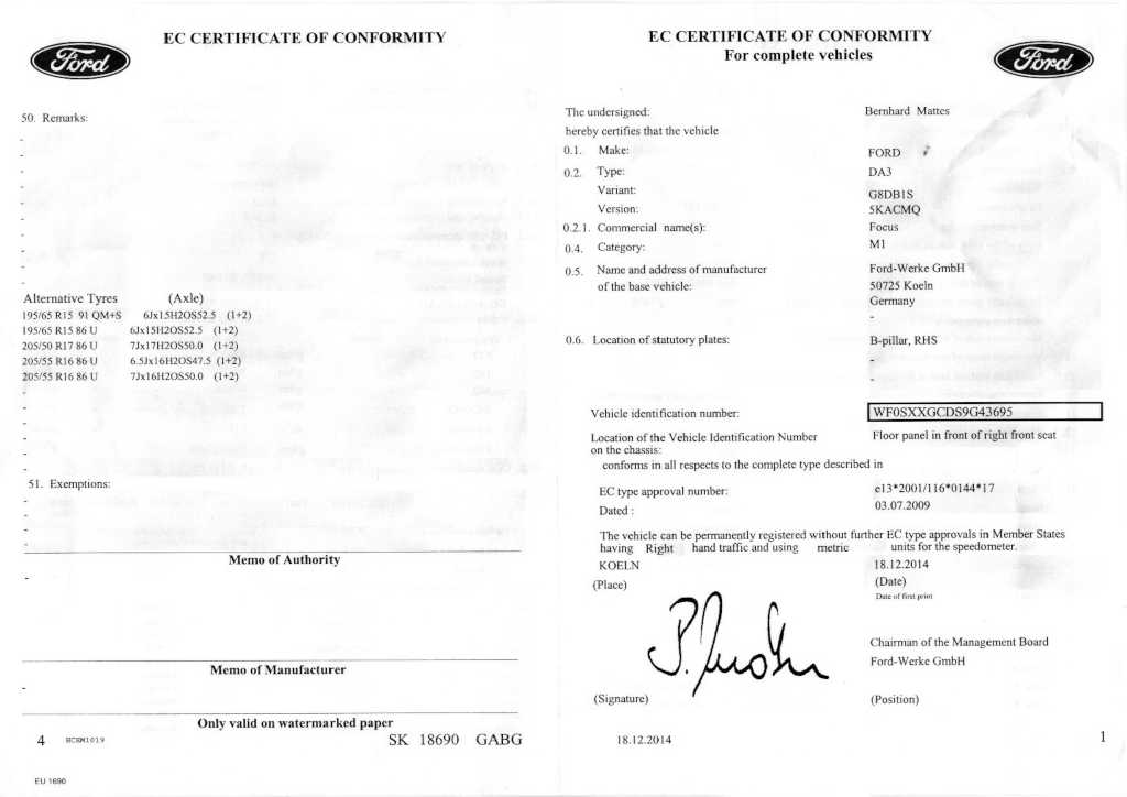 Certificat de Conformité Ford 